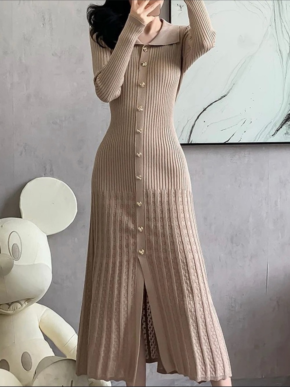 Rib-Knit Maxi Dress with Decorative Buttons - Beige
